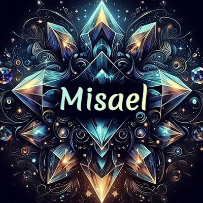 Obra de arte lujosa con cristales y piedras brillantes, nombre en el centro sobre fondo oscuro. - Misael Obra de arte lujosa con cristales y piedras brillantes, nombre en el centro sobre fondo oscuro. - Misael