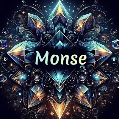 Obra de arte lujosa con cristales y piedras brillantes, nombre en el centro sobre fondo oscuro. - Monse Obra de arte lujosa con cristales y piedras brillantes, nombre en el centro sobre fondo oscuro. - Monse