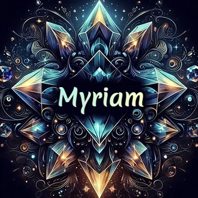 Obra de arte lujosa con cristales y piedras brillantes, nombre en el centro sobre fondo oscuro. - Myriam