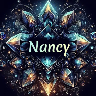 Obra de arte lujosa con cristales y piedras brillantes, nombre en el centro sobre fondo oscuro. - Nancy Obra de arte lujosa con cristales y piedras brillantes, nombre en el centro sobre fondo oscuro. - Nancy
