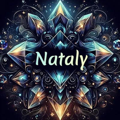 Obra de arte lujosa con cristales y piedras brillantes, nombre en el centro sobre fondo oscuro. - Nataly