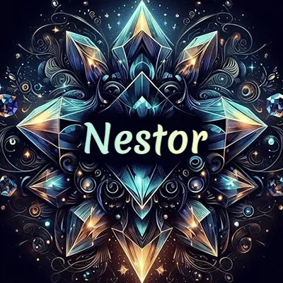 Obra de arte lujosa con cristales y piedras brillantes, nombre en el centro sobre fondo oscuro. - Nestor