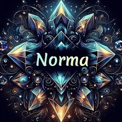 Obra de arte lujosa con cristales y piedras brillantes, nombre en el centro sobre fondo oscuro. - Norma