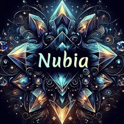 Obra de arte lujosa con cristales y piedras brillantes, nombre en el centro sobre fondo oscuro. - Nubia