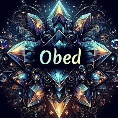 Obra de arte lujosa con cristales y piedras brillantes, nombre en el centro sobre fondo oscuro. - Obed