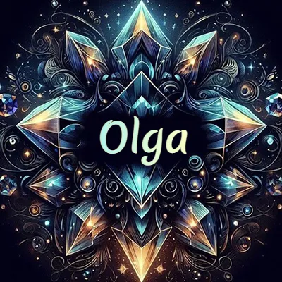 Obra de arte lujosa con cristales y piedras brillantes, nombre en el centro sobre fondo oscuro. - Olga Obra de arte lujosa con cristales y piedras brillantes, nombre en el centro sobre fondo oscuro. - Olga
