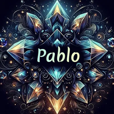 Obra de arte lujosa con cristales y piedras brillantes, nombre en el centro sobre fondo oscuro. - Pablo