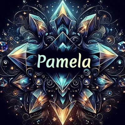 Obra de arte lujosa con cristales y piedras brillantes, nombre en el centro sobre fondo oscuro. - Pamela