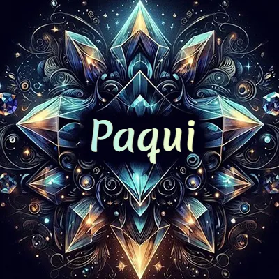 Formación geométrica compleja de cristales y diamantes dispuestos en forma de flor o estrella radiante, donde se entrelazan colores azules y dorados con toques de luz fascinantes y detalles artísticos precisos. El nombre Paqui está escrito con tipografía fluida simple en el corazón del área negra en el centro del diseño de cristal.