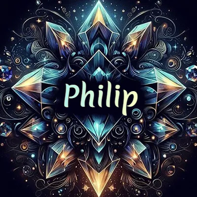 Obra de arte lujosa con cristales y piedras brillantes, nombre en el centro sobre fondo oscuro. - Philip