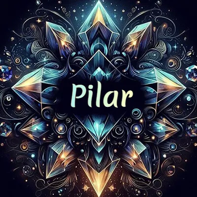 Obra de arte lujosa con cristales y piedras brillantes, nombre en el centro sobre fondo oscuro. - Pilar