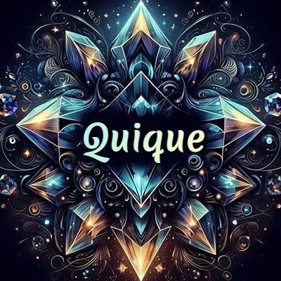 Obra de arte lujosa con cristales y piedras brillantes, nombre en el centro sobre fondo oscuro. - Quique