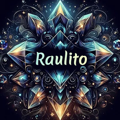 Obra de arte lujosa con cristales y piedras brillantes, nombre en el centro sobre fondo oscuro. - Raulito