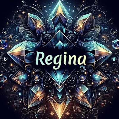 Obra de arte lujosa con cristales y piedras brillantes, nombre en el centro sobre fondo oscuro. - Regina