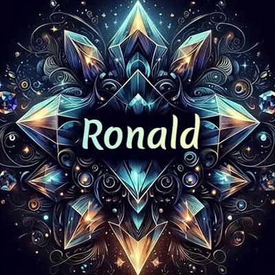 Obra de arte lujosa con cristales y piedras brillantes, nombre en el centro sobre fondo oscuro. - Ronald