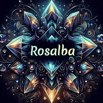 Obra de arte lujosa con cristales y piedras brillantes, nombre en el centro sobre fondo oscuro. - Rosalba