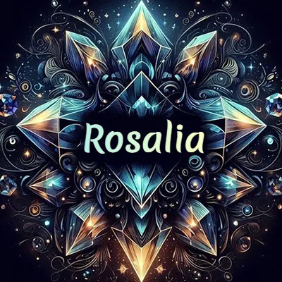 Obra de arte lujosa con cristales y piedras brillantes, nombre en el centro sobre fondo oscuro. - Rosalia