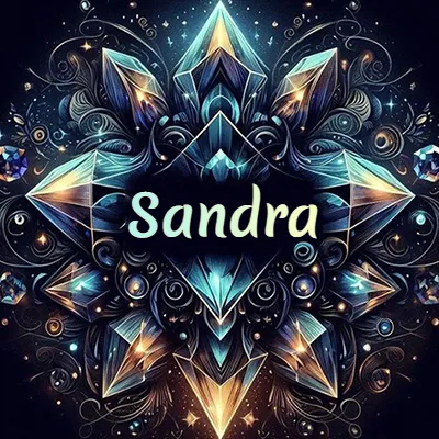 Obra de arte lujosa con cristales y piedras brillantes, nombre en el centro sobre fondo oscuro. - Sandra Obra de arte lujosa con cristales y piedras brillantes, nombre en el centro sobre fondo oscuro. - Sandra