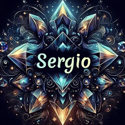 Obra de arte lujosa con cristales y piedras brillantes, nombre en el centro sobre fondo oscuro. - Sergio Obra de arte lujosa con cristales y piedras brillantes, nombre en el centro sobre fondo oscuro. - Sergio