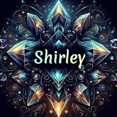 Obra de arte lujosa con cristales y piedras brillantes, nombre en el centro sobre fondo oscuro. - Shirley