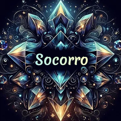 Obra de arte lujosa con cristales y piedras brillantes, nombre en el centro sobre fondo oscuro. - Socorro