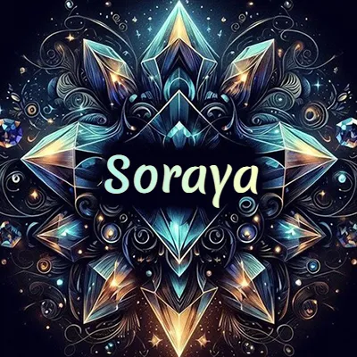 Obra de arte lujosa con cristales y piedras brillantes, nombre en el centro sobre fondo oscuro. - Soraya