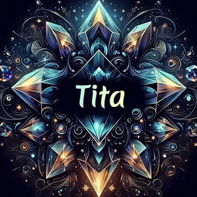 Obra de arte lujosa con cristales y piedras brillantes, nombre en el centro sobre fondo oscuro. - Tita