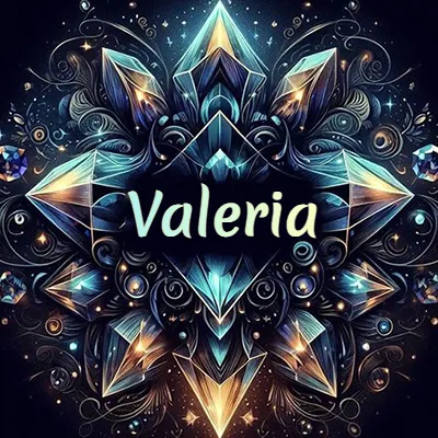 Obra de arte lujosa con cristales y piedras brillantes, nombre en el centro sobre fondo oscuro. - Valeria