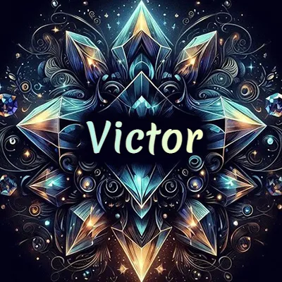 Formación geométrica compleja de cristales y diamantes dispuestos en forma de flor o estrella radiante, donde se entrelazan colores azules y dorados con toques de luz fascinantes y detalles artísticos precisos. El nombre Victor está escrito con tipografía fluida simple en el corazón del área negra en el centro del diseño de cristal.