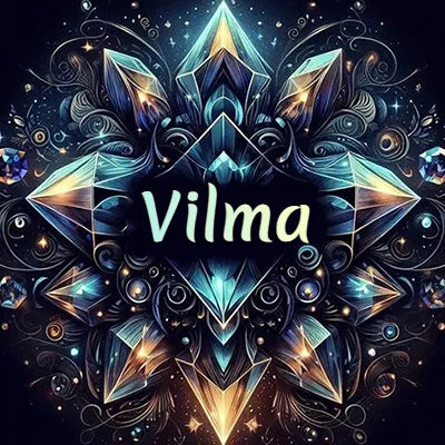 Obra de arte lujosa con cristales y piedras brillantes, nombre en el centro sobre fondo oscuro. - Vilma