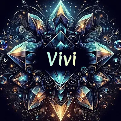 Formación geométrica compleja de cristales y diamantes dispuestos en forma de flor o estrella radiante, donde se entrelazan colores azules y dorados con toques de luz fascinantes y detalles artísticos precisos. El nombre Vivi está escrito con tipografía fluida simple en el corazón del área negra en el centro del diseño de cristal.