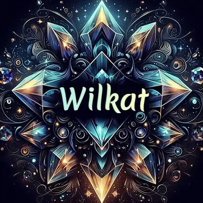 Obra de arte lujosa con cristales y piedras brillantes, nombre en el centro sobre fondo oscuro. - Wilkat Obra de arte lujosa con cristales y piedras brillantes, nombre en el centro sobre fondo oscuro. - Wilkat