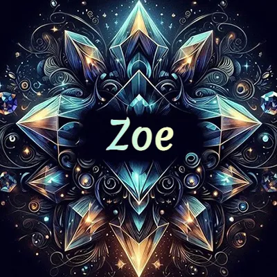 Obra de arte lujosa con cristales y piedras brillantes, nombre en el centro sobre fondo oscuro. - Zoe