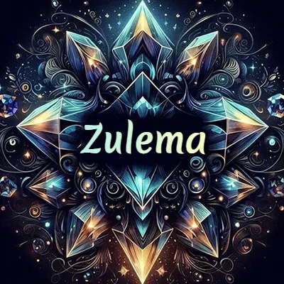 Obra de arte lujosa con cristales y piedras brillantes, nombre en el centro sobre fondo oscuro. - Zulema