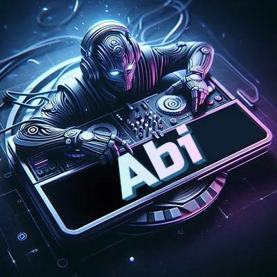 Estilo cyberpunk con DJ robot tocando, nombre en primer plano con iluminación neón. - Abi Estilo cyberpunk con DJ robot tocando, nombre en primer plano con iluminación neón. - Abi