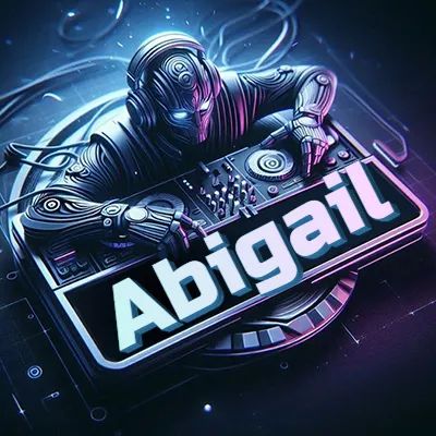 Estilo cyberpunk con DJ robot tocando, nombre en primer plano con iluminación neón. - Abigail Estilo cyberpunk con DJ robot tocando, nombre en primer plano con iluminación neón. - Abigail