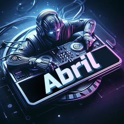 Estilo cyberpunk con DJ robot tocando, nombre en primer plano con iluminación neón. - Abril Estilo cyberpunk con DJ robot tocando, nombre en primer plano con iluminación neón. - Abril