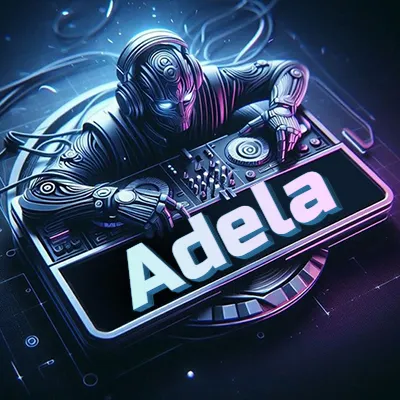 Estilo cyberpunk con DJ robot tocando, nombre en primer plano con iluminación neón. - Adela