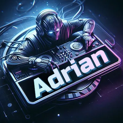 Estilo cyberpunk con DJ robot tocando, nombre en primer plano con iluminación neón. - Adrian