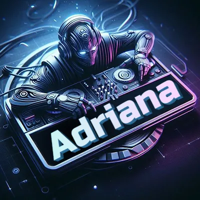 Estilo cyberpunk con DJ robot tocando, nombre en primer plano con iluminación neón. - Adriana