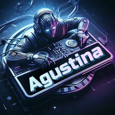 Estilo cyberpunk con DJ robot tocando, nombre en primer plano con iluminación neón. - Agustin