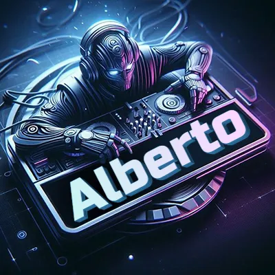 Estilo cyberpunk con DJ robot tocando, nombre en primer plano con iluminación neón. - Alberto