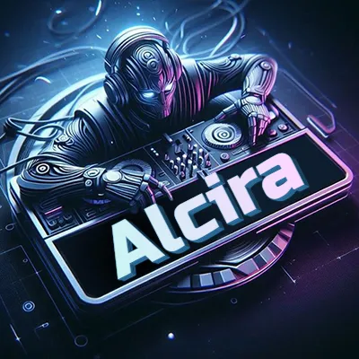 Estilo cyberpunk con DJ robot tocando, nombre en primer plano con iluminación neón. - Alcira