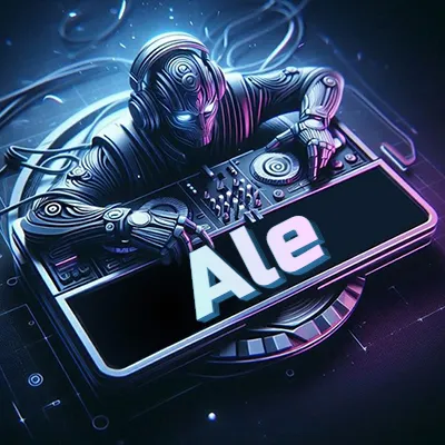 Personaje DJ robot con diseño futurista, usando auriculares y parado frente a una consola de música avanzada que emite luz azul neón y cables conectados. El nombre Ale está escrito en 3D destacado sobre la consola de música en la parte frontal de la imagen.