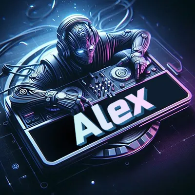 Personaje DJ robot con diseño futurista, usando auriculares y parado frente a una consola de música avanzada que emite luz azul neón y cables conectados. El nombre Alex está escrito en 3D destacado sobre la consola de música en la parte frontal de la imagen.