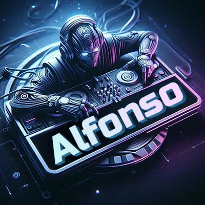 Estilo cyberpunk con DJ robot tocando, nombre en primer plano con iluminación neón. - Alfonso Estilo cyberpunk con DJ robot tocando, nombre en primer plano con iluminación neón. - Alfonso