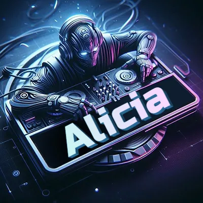 Estilo cyberpunk con DJ robot tocando, nombre en primer plano con iluminación neón. - Alicia