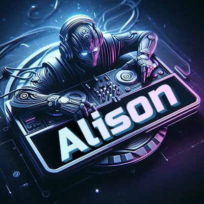 Estilo cyberpunk con DJ robot tocando, nombre en primer plano con iluminación neón. - Alison