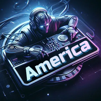 Estilo cyberpunk con DJ robot tocando, nombre en primer plano con iluminación neón. - America
