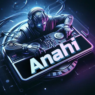 Estilo cyberpunk con DJ robot tocando, nombre en primer plano con iluminación neón. - Anahi